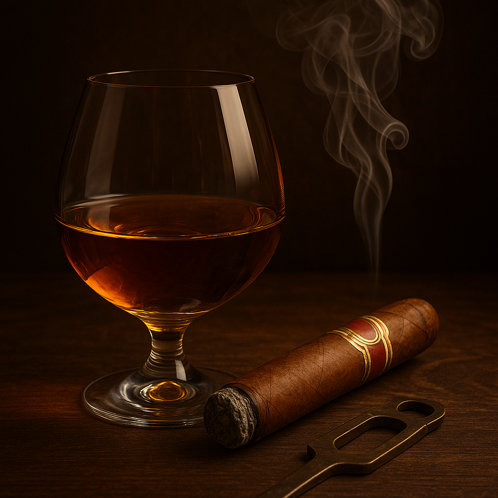 Copo de whisky com charuto e fumaça