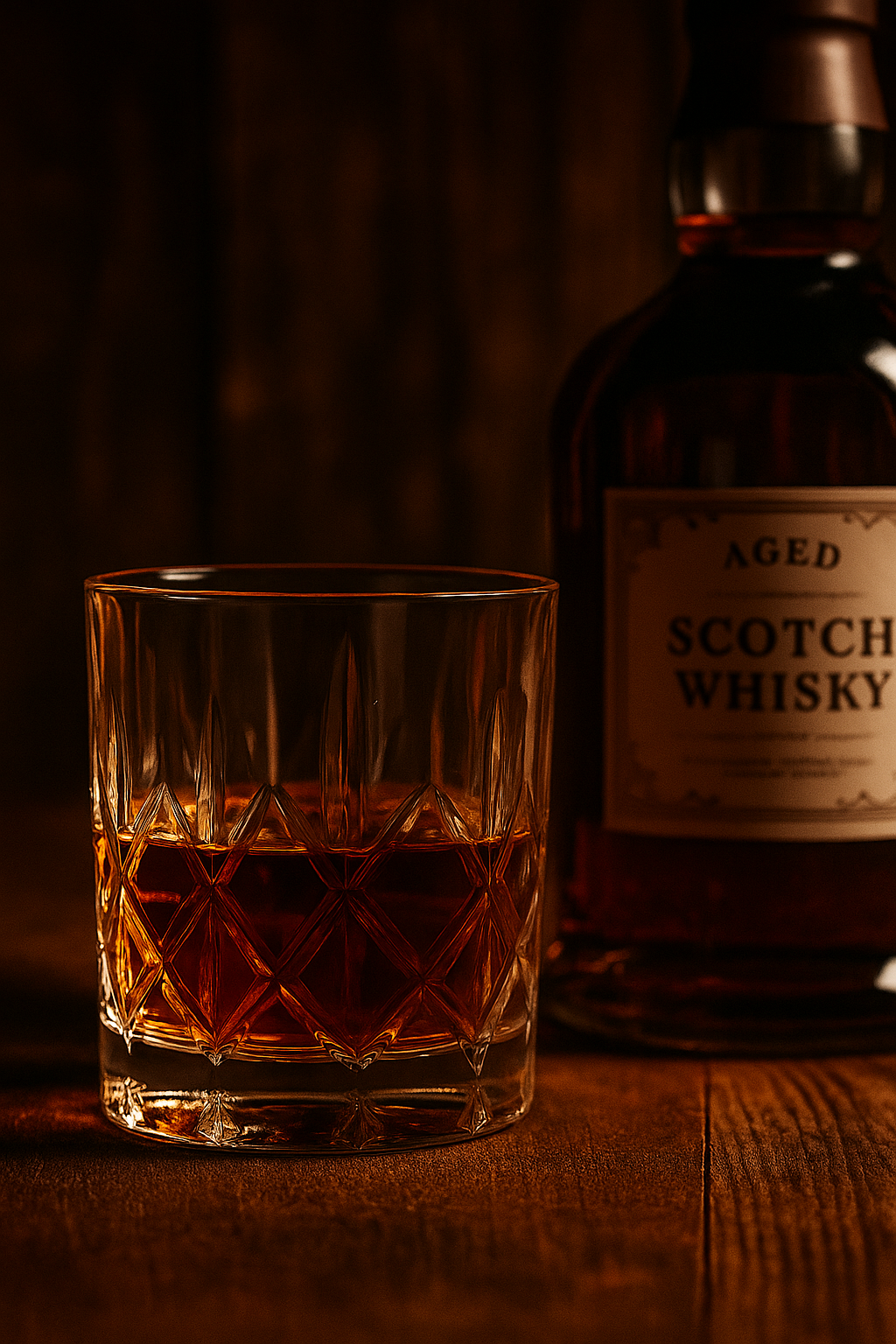 Copo de whisky envelhecido com garrafa ao fundo
